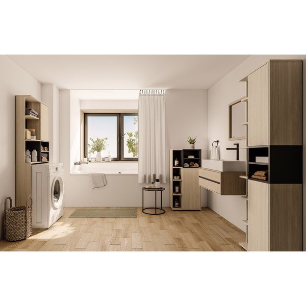 Fekete magas fürdőszoba szekrény tölgyfa dekorral, mosógép/WC fölé 64x179 cm Kube - TemaHome -image-1