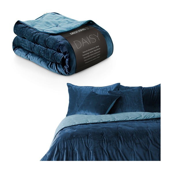 Daisy kék bársony ágytakaró egyszemélyes ágyhoz, 210 x 170 cm - DecoKing-image-2