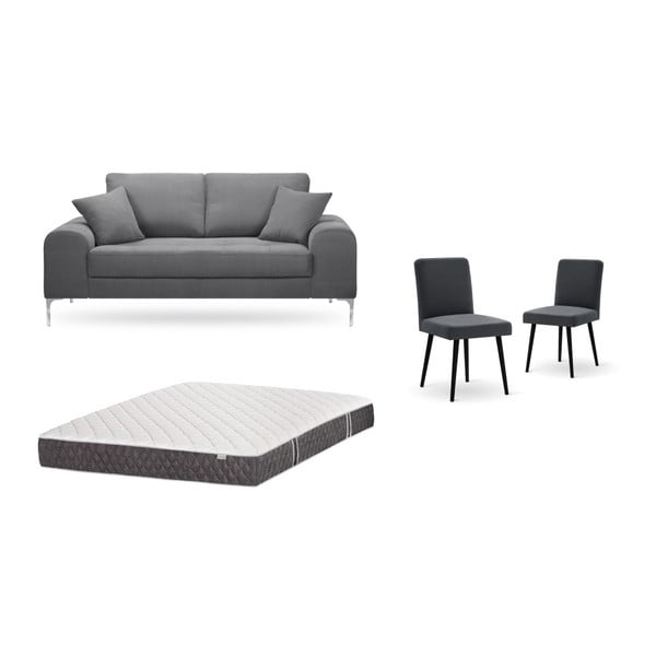 Szürke, kétszemélyes kanapé, 2 db antracit szürke szék, matrac (140 x 200 cm) szett- Home Essentials
