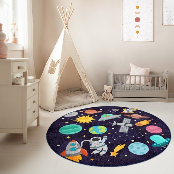 Sötétkék mosható gyerek játszószőnyeg ø120 cm Into The Space – Mila Home-image-1