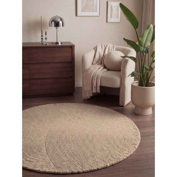 Bézs kézi szövésű gyapjú kerek szőnyeg ø 200 cm Calmio – Hanse Home-image-1