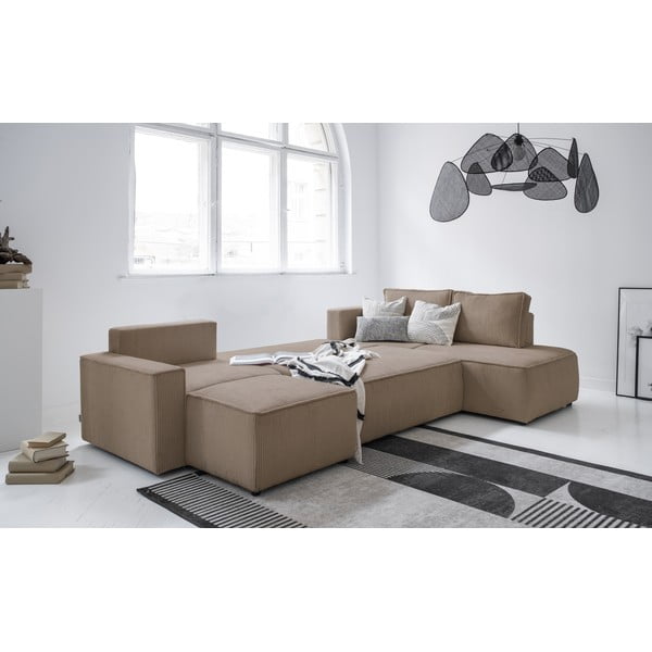 Bézs kordbársony kinyitható sarokkanapé (jobb oldali-U alakú) Brave Dave – Miuform-image-3