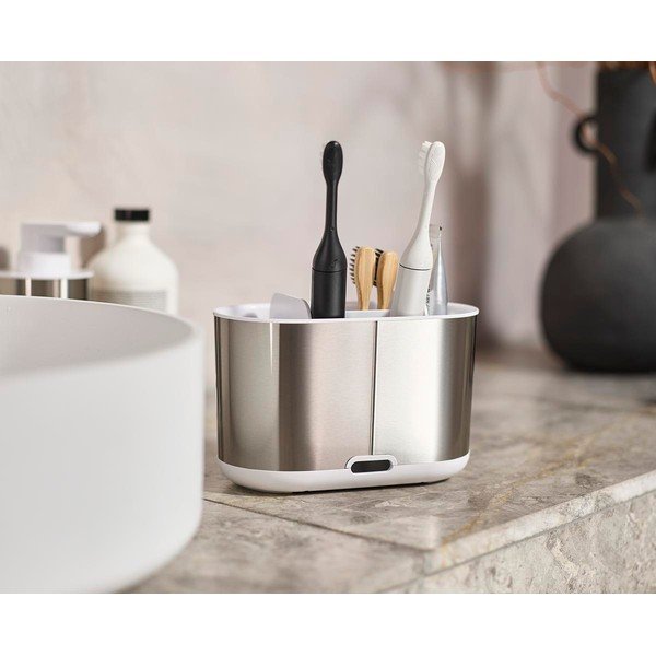 Ezüstszínű rozsdamentes acél fogkefetartó állvány Duo Steel – Joseph Joseph-image-1