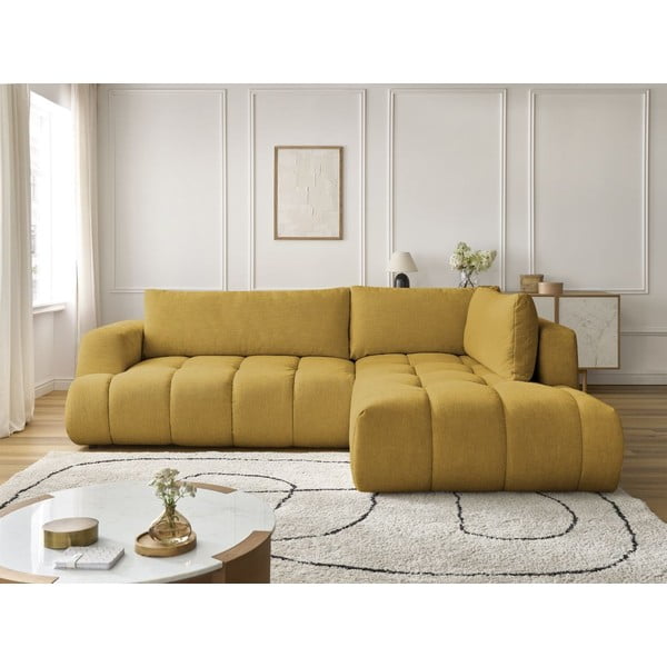 Mustársárga kinyitható-tárolóhelyes sarokkanapé (jobb oldali-L alakú) Fuji – Bobochic Paris-image-1