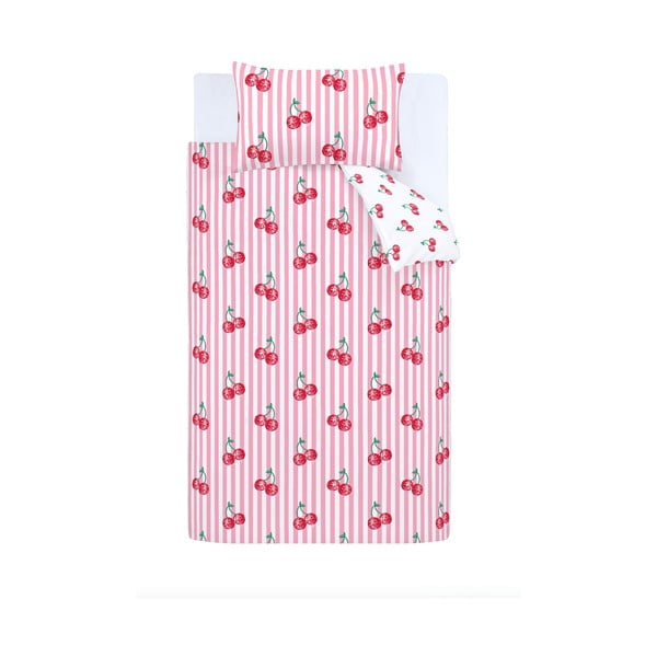 Fehér-rózsaszín egyszemélyes ágyneműhuzat 135x200 cm Disco Cherries Stripes – Catherine Lansfield