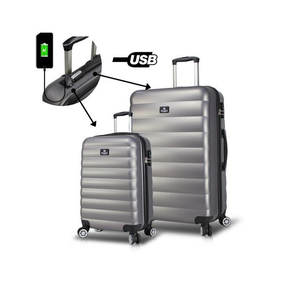 RESSNO Cabin & Large 2 szürke görgős bőrönd USB csatlakozóval - My Valice-image-2