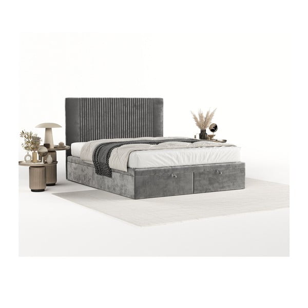 Szürke kárpitozott ágyneműtartós franciaágy 180x200 cm Mavel – Maison de Rêve-image-2