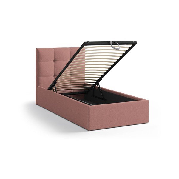 Rózsaszín kárpitozott ágyneműtartós egyszemélyes ágy ágyráccsal 90x200 cm Phaedra – Micadoni -image-1
