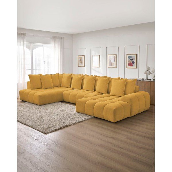 Mustársárga zsenília kinyitható-tárolóhelyes sarokkanapé (bal oldali-U alakú) Everest – Bobochic Paris-image-1