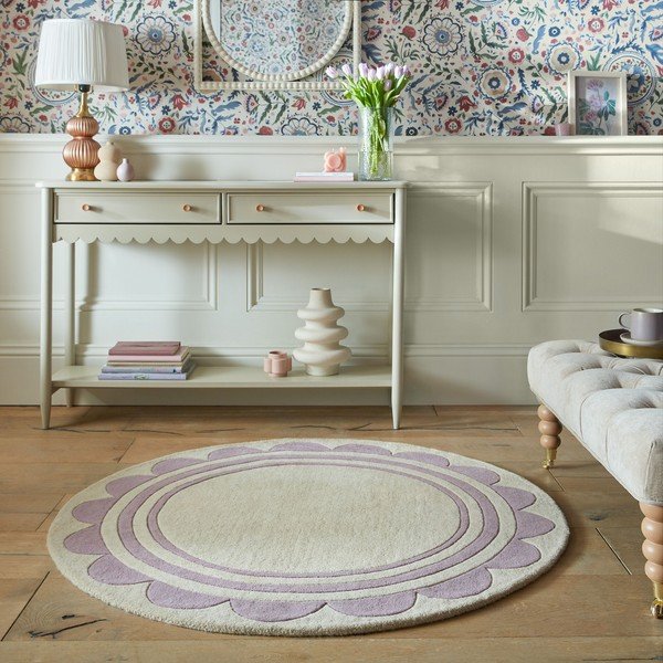Lila-natúr színű kézi szövésű gyapjú kerek szőnyeg ø 120 cm Lois Scallop – Flair Rugs-image-1