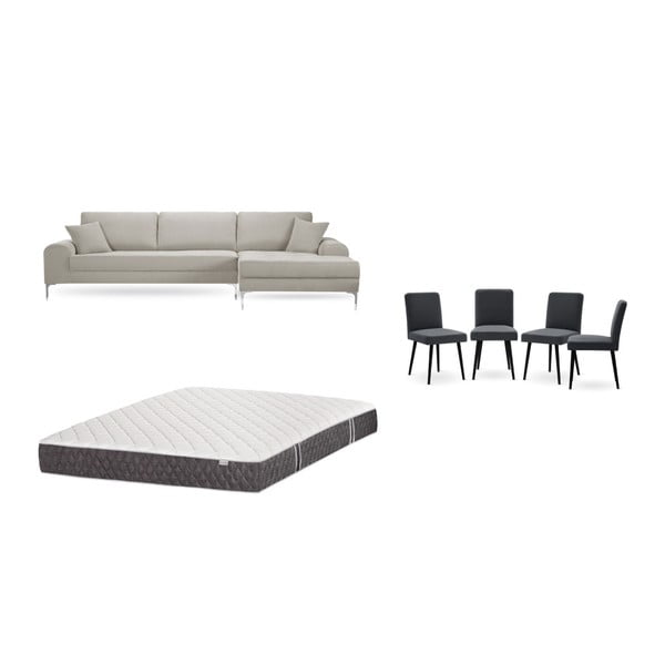 Krémszínű jobboldali sarokkanapé, 4 db antracit szürke szék, matrac (160 x 200 cm) szett - Home Essentials