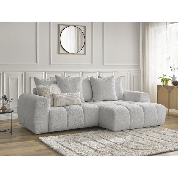 Világosszürke buklé kinyitható-tárolóhelyes sarokkanapé (jobb oldali-heverő résszel) Roxelane – Bobochic Paris-image-4