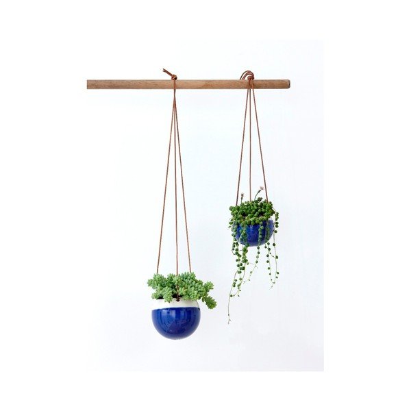Kék felfüggeszthető virágcserép bőr tartóval, ⌀ 10,8 cm - Ladelle-image-1