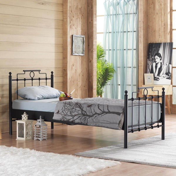 Fekete fém egyszemélyes ágy ágyráccsal 90x200 cm Hatkus – Kalune Design-image-1