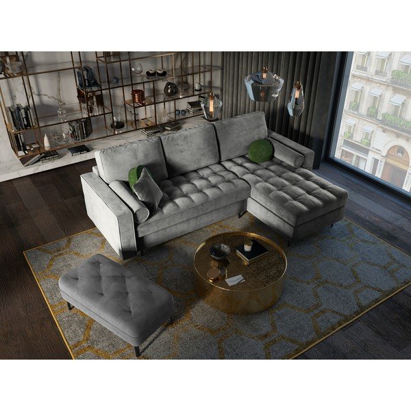 Santo világosszürke kinyitható bársony sarokkanapé, jobb oldali - Milo Casa-image-1