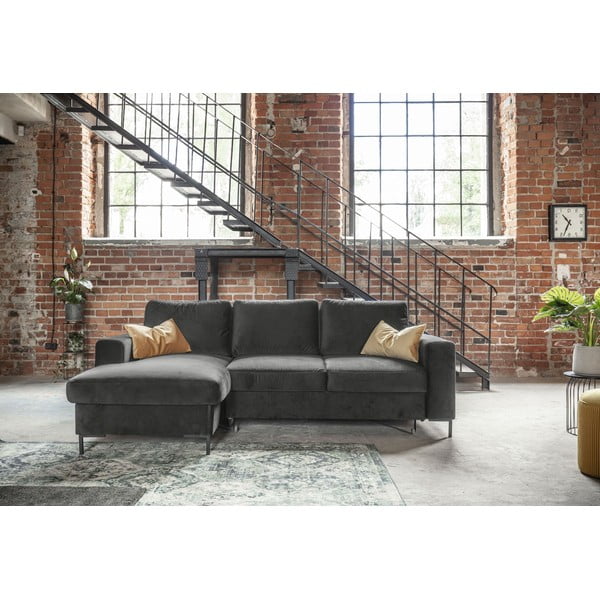 Lofty Lilly sötétszürke kinyitható bársony sarokkanapé, bal oldali - Miuform-image-1