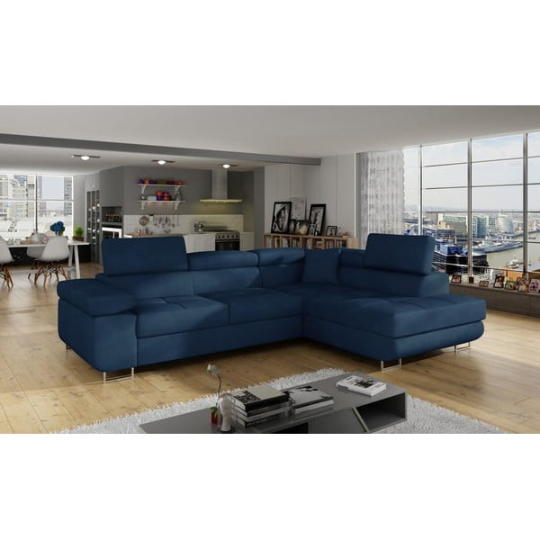 Kék bársony kinyitható-tárolóhelyes sarokkanapé (jobb oldali-L alakú) Anton – ELTAP-image-3
