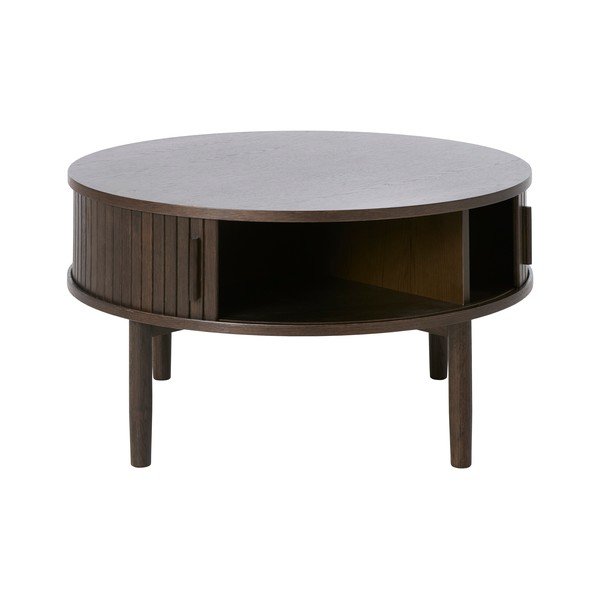 Sötét natúr színű kerek dohányzóasztal tölgyfa dekorral ø 85 cm Meta – Unique Furniture-image-2