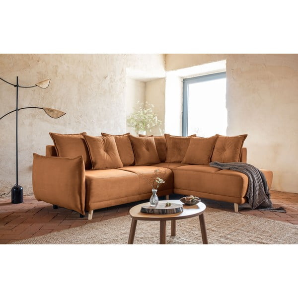 Téglavörös kordbársony kinyitható sarokkanapé (jobb oldali) Lazy Lukka – Miuform-image-4