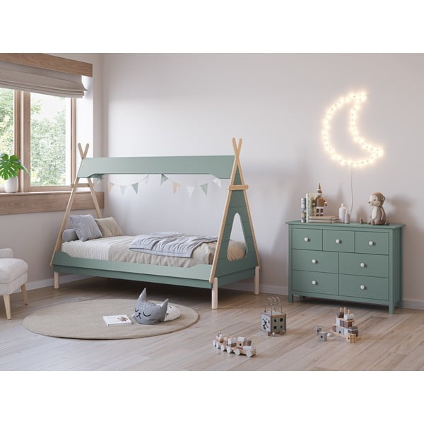 Petróleumkék házikó alakú borovi fenyő gyerekágy 90x190 cm Nora – Marckeric-image-1