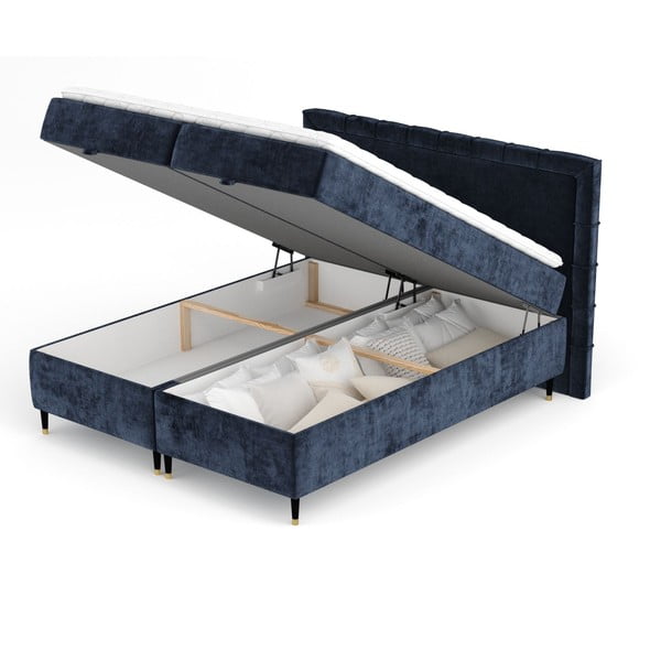 Sötétkék ágyneműtartós boxspring ágy 180x200 cm Voyage – Maison de Rêve-image-2