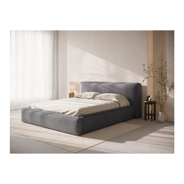 Sötétszürke kárpitozott ágyneműtartós franciaágy ágyráccsal 200x200 cm Simon Olivia – Micadoni -image-1