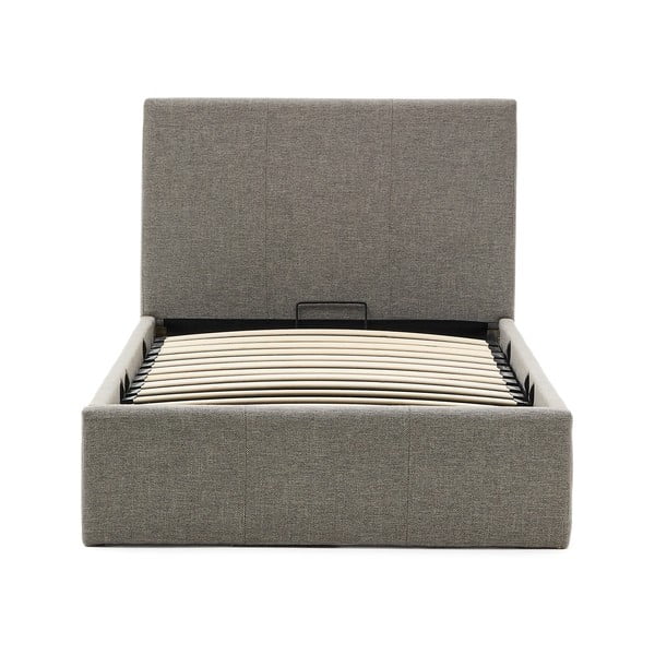 Szürke kárpitozott ágyneműtartós egyszemélyes ágy ágyráccsal 90x200 cm Nahiri – Kave Home