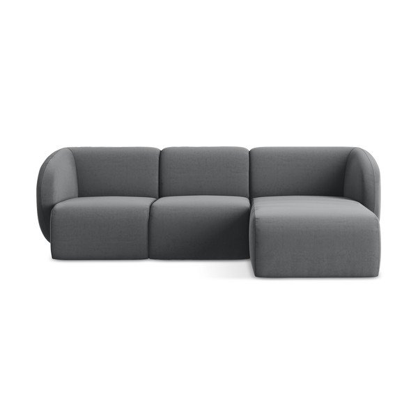 Szürke bársony sarokkanapé (jobb oldali-heverő résszel) Lani – Makamii