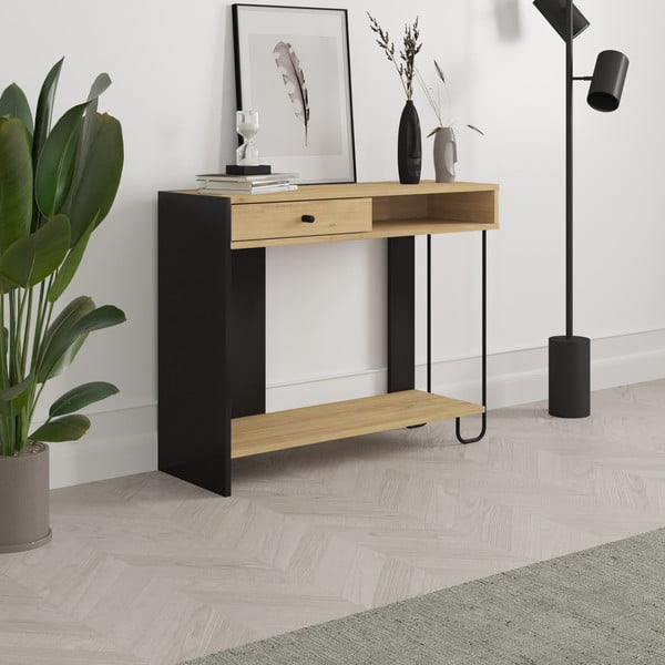 Fekete-natúr színű konzolasztal tölgyfa dekoros asztallappal 35x100 cm Saturne – Marckeric-image-4