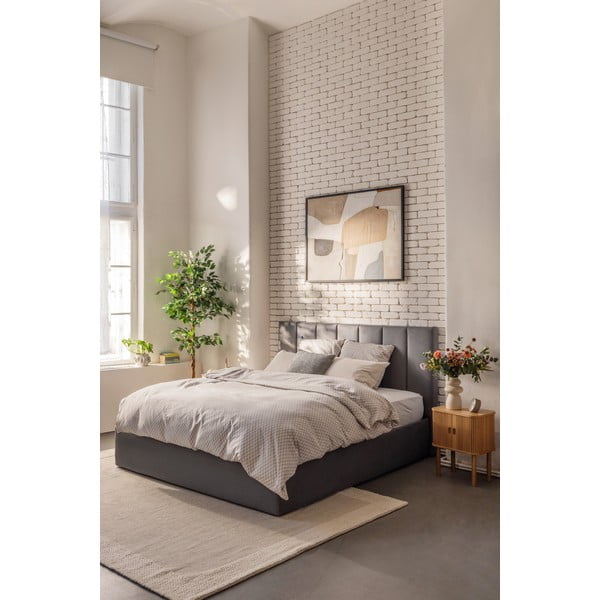 Szürke kárpitozott ágyneműtartós franciaágy matraccal, ágyráccsal 180x200 cm Thessa Bold Line – Bonami Selection-image-1