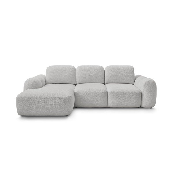 Világosszürke buklé kinyitható-tárolóhelyes sarokkanapé (bal oldali-heverő résszel) Montaigne – Bobochic Paris