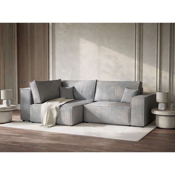 Szürke kordbársony kinyitható-tárolóhelyes sarokkanapé (bal oldali-L alakú) Tonga – Maison de Rêve-image-4