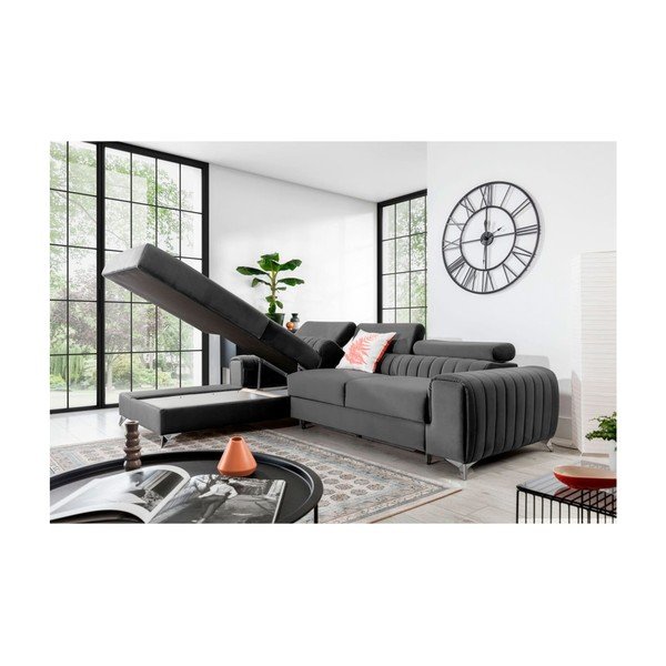 Sötétszürke bársony kinyitható-tárolóhelyes sarokkanapé (bal oldali-heverő résszel) Grayson – ELTAP-image-3