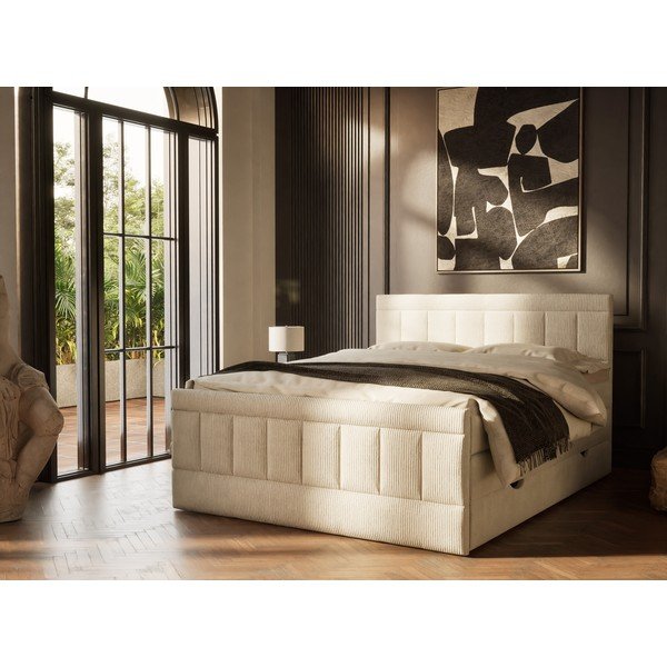 Bézs ágyneműtartós boxspring ágy 160x200 cm Caya – Maison de Rêve-image-1