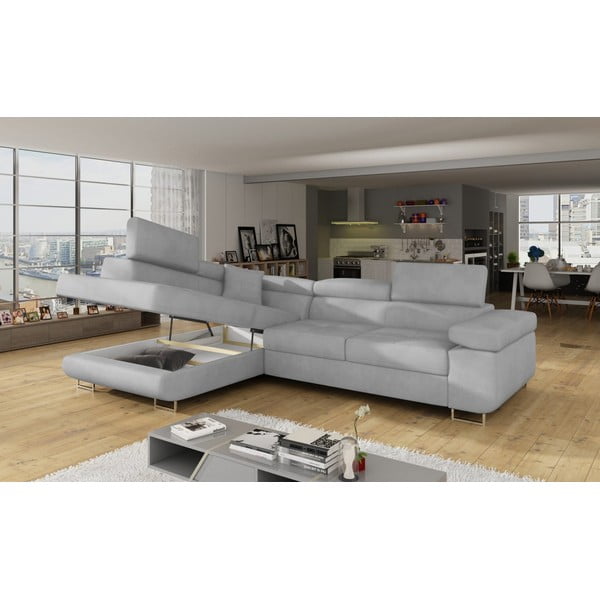 Világosszürke bársony kinyitható-tárolóhelyes sarokkanapé (bal oldali-L alakú) Anton – ELTAP-image-4