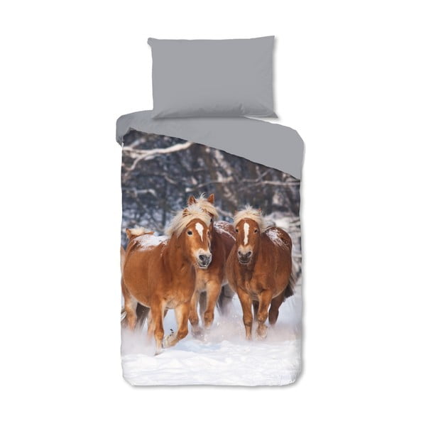 Szürke egyszemélyes flanel gyerek ágyneműhuzat 140x200 cm Happy Horses – Good Morning