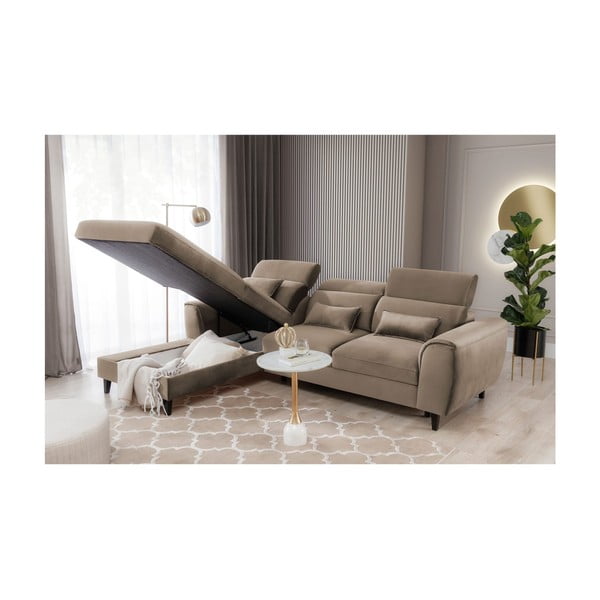 Világosbarna bársony kinyitható-tárolóhelyes sarokkanapé (bal oldali-heverő résszel) Foble – ELTAP-image-4
