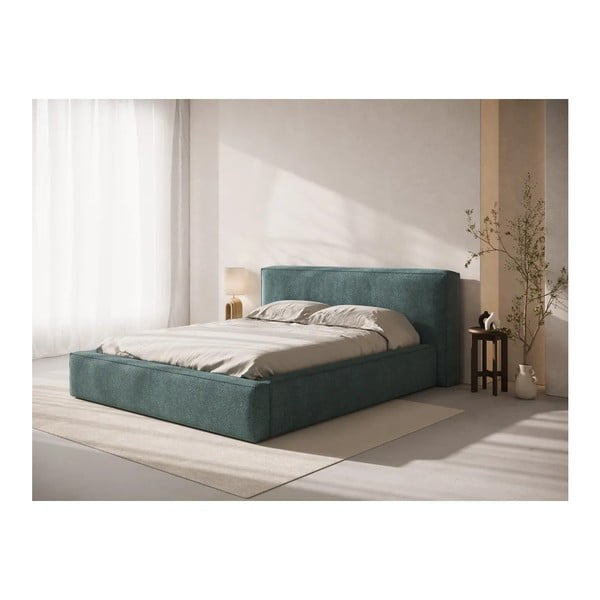 Kék kárpitozott ágyneműtartós franciaágy ágyráccsal 160x200 cm Simon Olivia – Micadoni -image-1