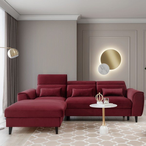 Piros bársony kinyitható-tárolóhelyes sarokkanapé (bal oldali-heverő résszel) Foble – ELTAP-image-1