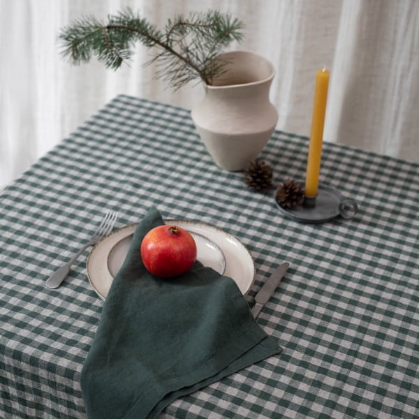 Len asztalterítő 140x250 cm Forest Green Gingham – Linen Tales-image-1