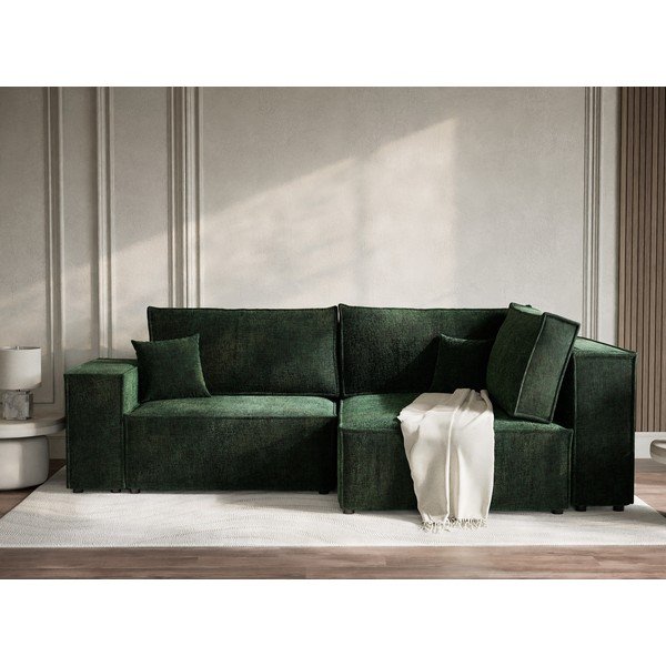 Sötétzöld zsenília kinyitható-tárolóhelyes sarokkanapé (jobb oldali-L alakú) Tonga – Maison de Rêve-image-4