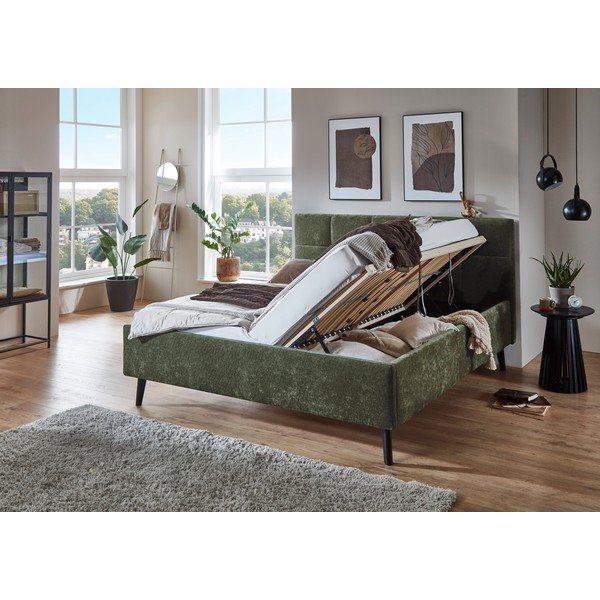 Khaki kárpitozott ágyneműtartós franciaágy ágyráccsal 180x200 cm Nova – Meise Möbel-image-2