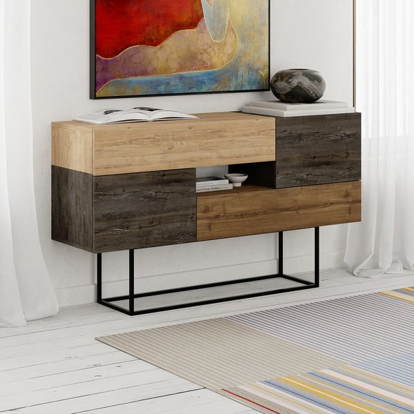 Barna-natúr színű alacsony komód tölgyfa dekorral 145x82 cm Titan – Marckeric-image-3