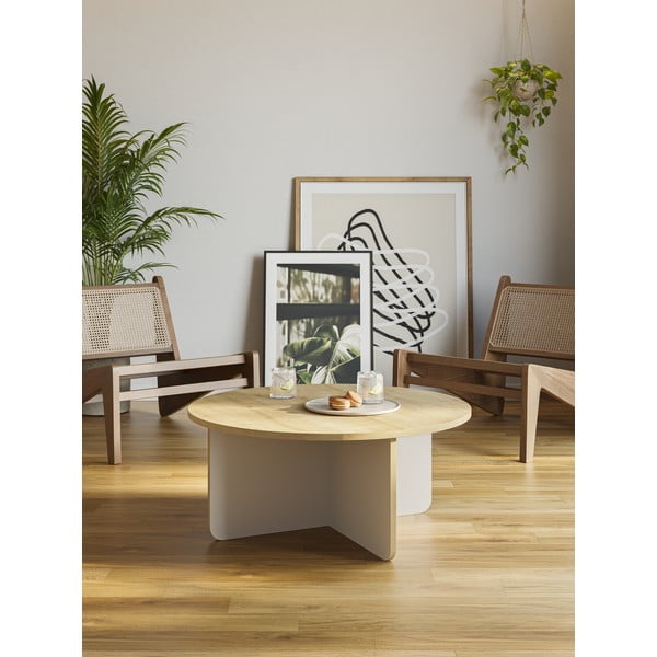 Krémszínű-natúr színű kerek dohányzóasztal tölgyfa dekoros asztallappal ø 80 cm Hillary – Marckeric-image-1