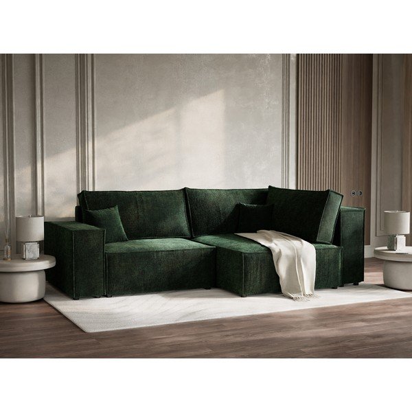 Sötétzöld zsenília kinyitható-tárolóhelyes sarokkanapé (jobb oldali-L alakú) Tonga – Maison de Rêve-image-1
