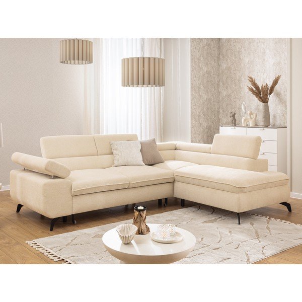 Krémszínű zsenília sarokkanapé (jobb oldali-L alakú) Marbeya  – Ropez-image-1