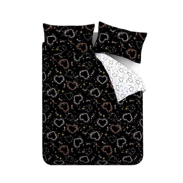 Fekete-fehér kétszemélyes ágyneműhuzat 200x200 cm Cosmic Hearts and Stars – Catherine Lansfield-image-2