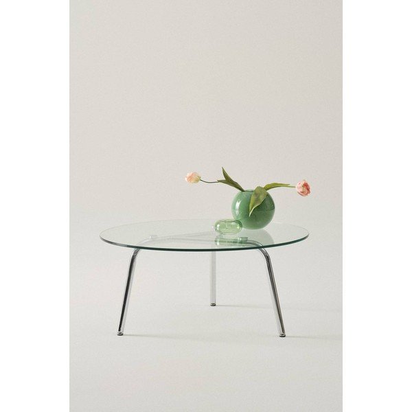 Fényes ezüstszínű kerek dohányzóasztal üveg asztallappal ø 90 cm Kyvik – Jotex-image-1
