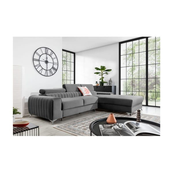 Szürke bársony kinyitható-tárolóhelyes sarokkanapé (jobb oldali-heverő résszel) Grayson – ELTAP-image-1