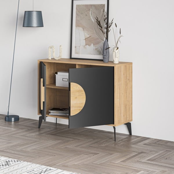 Fekete-natúr színű alacsony komód tölgyfa dekorral 110x82 cm Vae – Marckeric-image-4